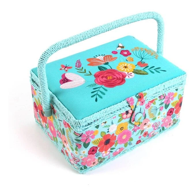 Hobbycraft Teal Floral Garden Embroidered Sewing Box