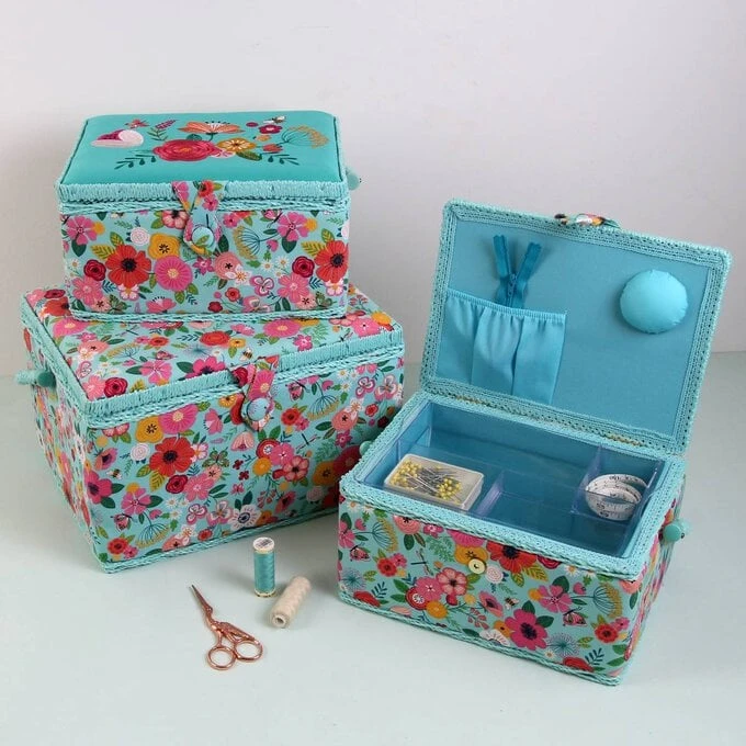 Hobbycraft Teal Floral Garden Embroidered Sewing Box - Image 4